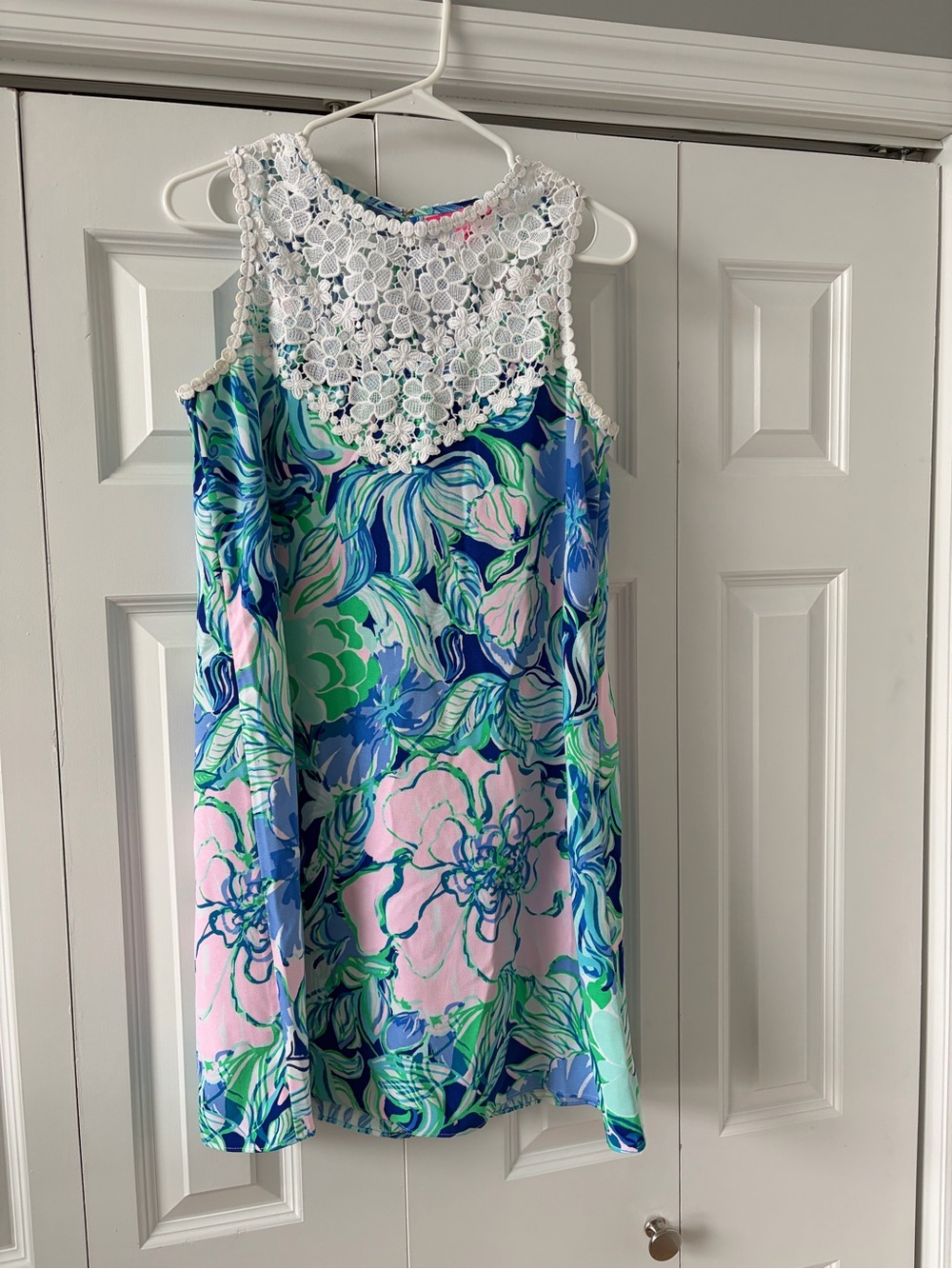 Lilly Pulitzer Floral Shift Dress in Blue, Pink & Green with Lace Yoke